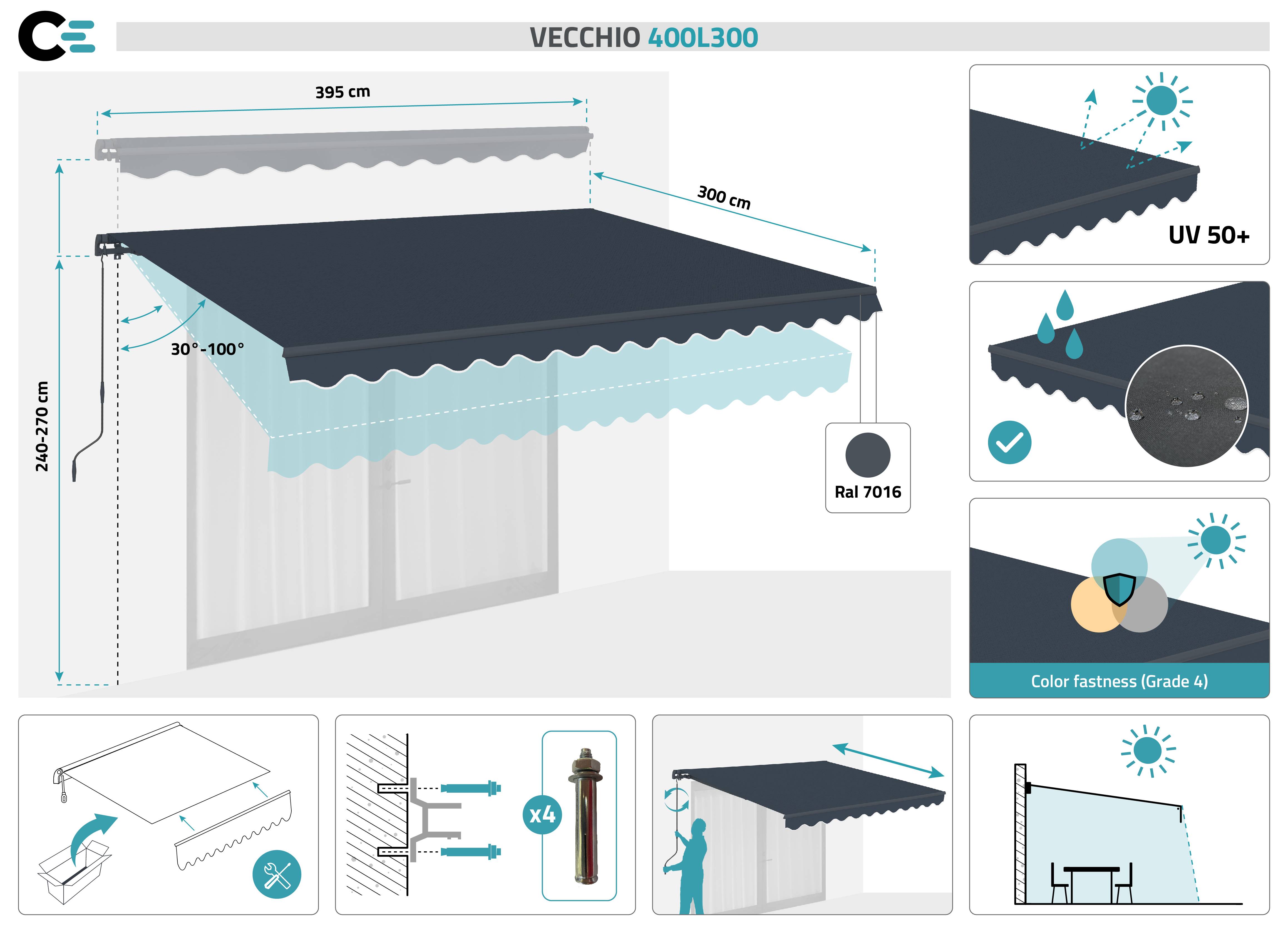 CAZEBOO - Cazeboo Store banne monobloc gris VECCHIO 4x3 m avec fixations plafond - Image 2