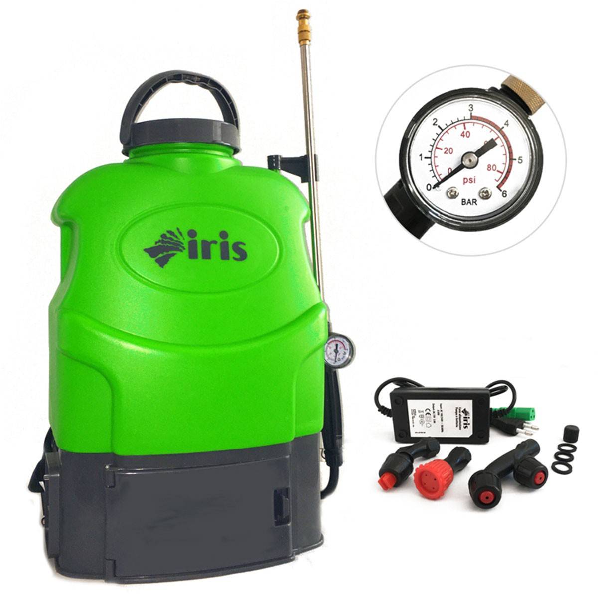 Pulvérisateur Electrique à Batterie 16L Batterie lithium 12V 8 Ah Chargeur + 3 buses + Manomètre IRIS GARDEN - Imagen 1