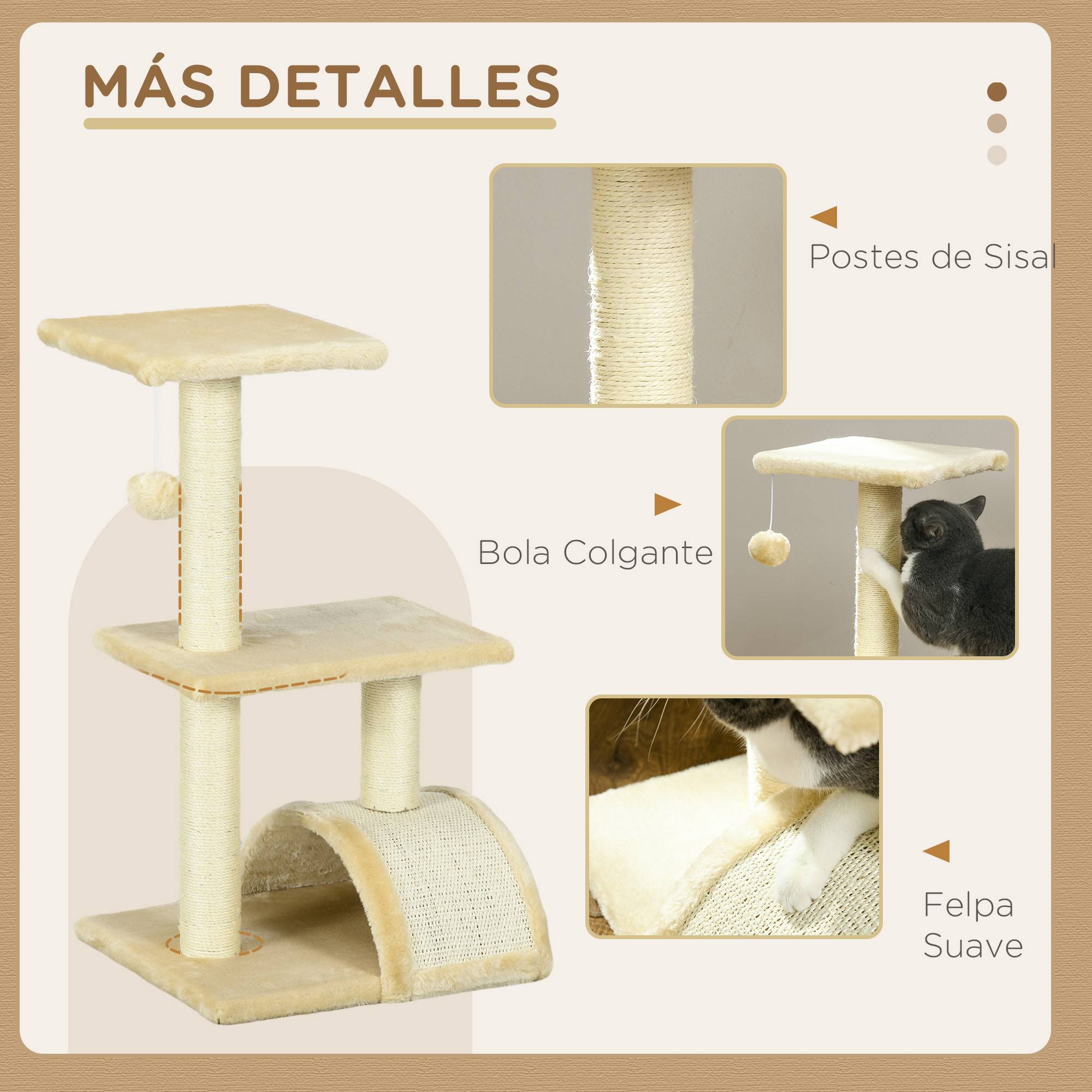 Arbre à chat à 3 niveaux, tour à chat avec poteaux en sisal, griffoir et balle suspendue, couleur crème - Image 7