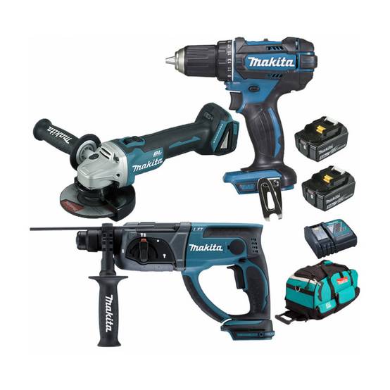 Pack Makita 18V 5Ah: Perceuse 62Nm DDF482 + Meuleuse 125mm DGA504 + Perforateur 2J DHR202 + 2 batteries + sac - Image 1