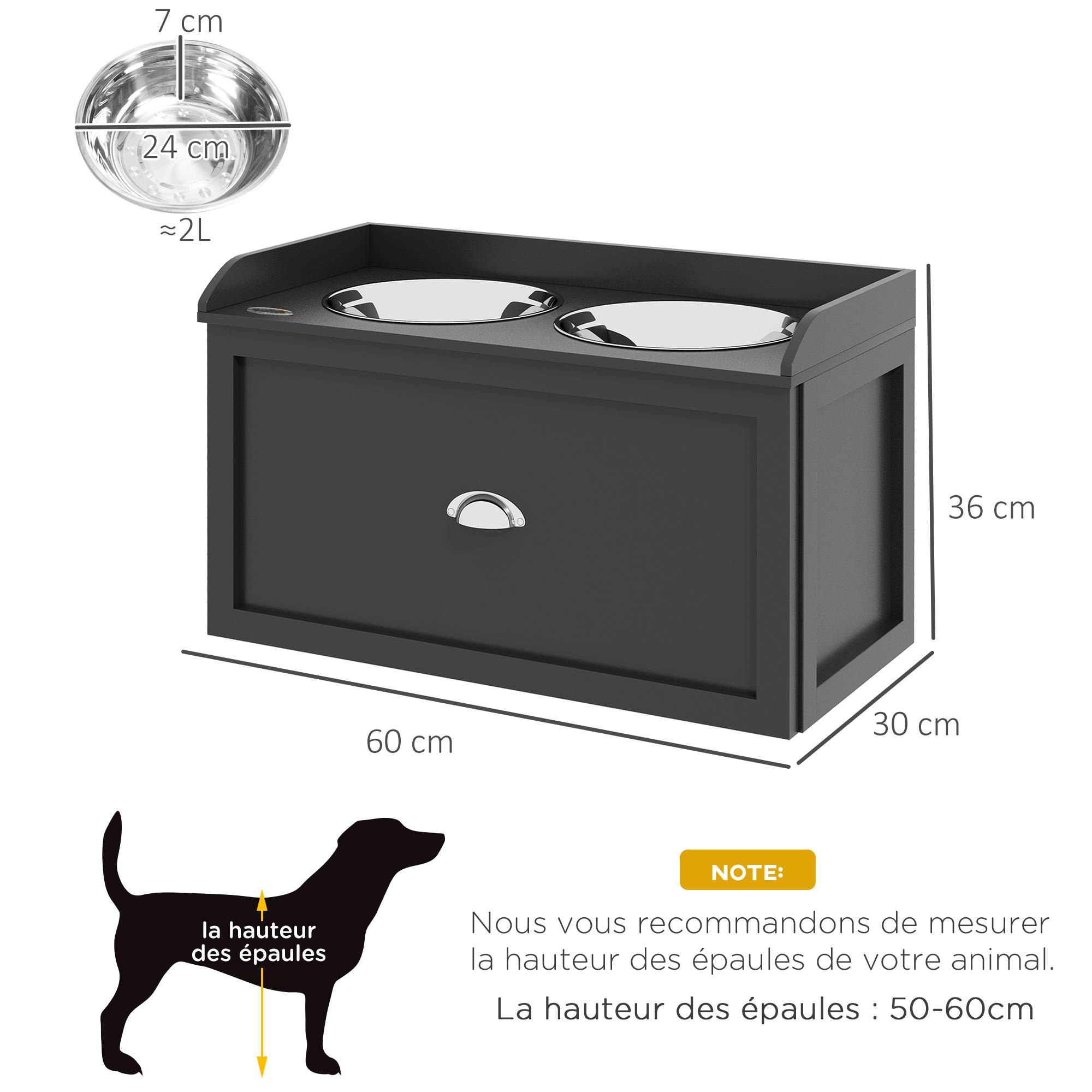 Gamelle Double Chien Chat - Porte-Gamelles Surélevé Rangement 2 en 1 - Tiroir, 2 Gamelles - Acier Inox MDF Noir - Image 5