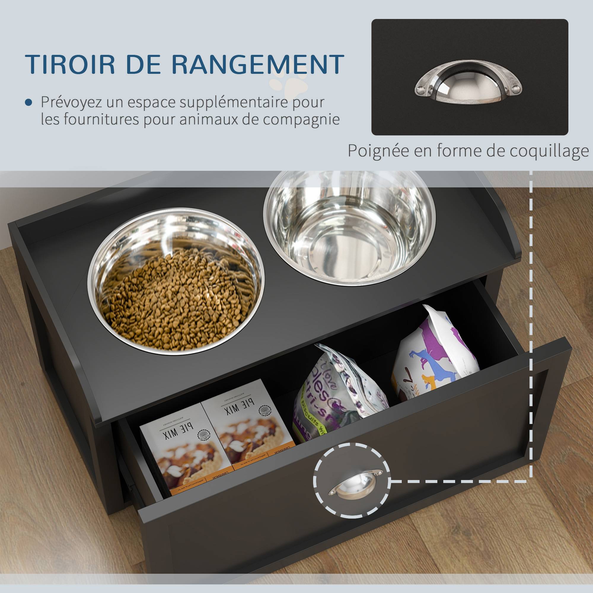 Gamelle Double Chien Chat - Porte-Gamelles Surélevé Rangement 2 en 1 - Tiroir, 2 Gamelles - Acier Inox MDF Noir - Image 7
