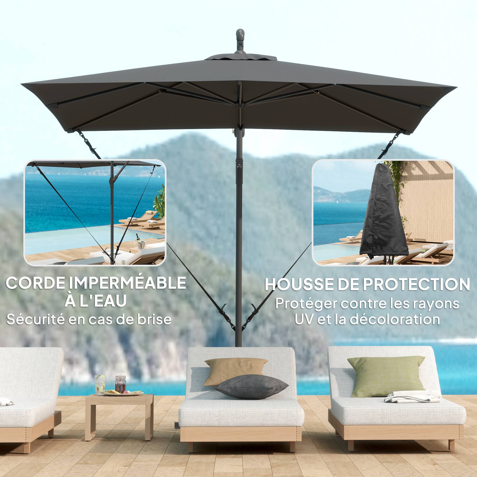 Parasol déporté parasol de jardin Toile ajustable 8 baleines - 247x247x256cm Métal Gris foncé fr325 - Image 6