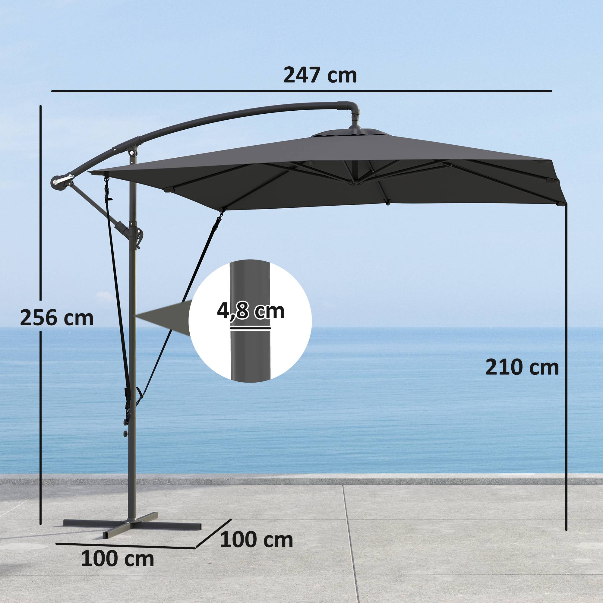 Parasol déporté parasol de jardin Toile ajustable 8 baleines - 247x247x256cm Métal Gris foncé fr325 - Image 5