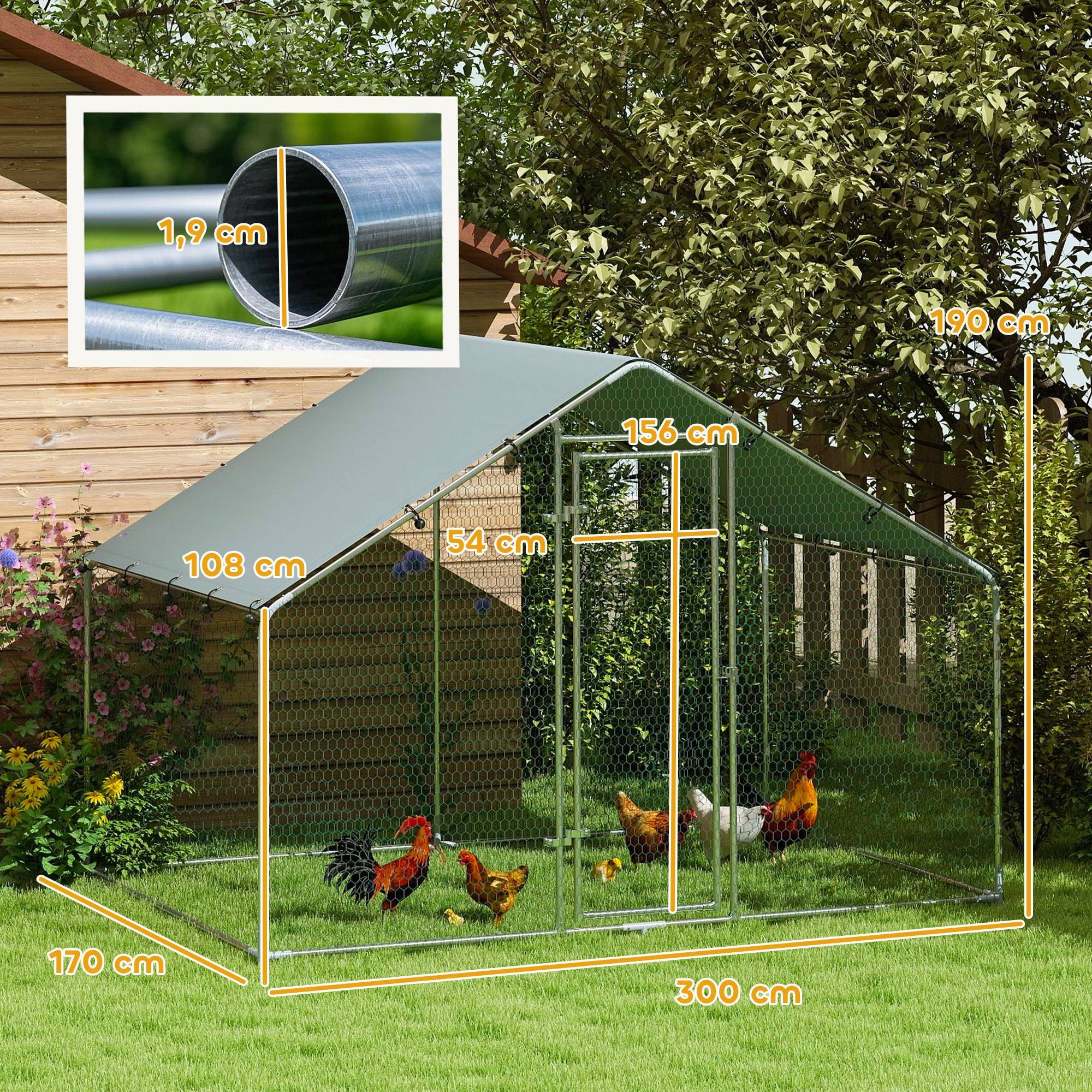 Grand poulailler en métal (3 x 1,7 x 1,9 m) avec housse imperméable et résistante aux UV, couleur argent. - Image 5