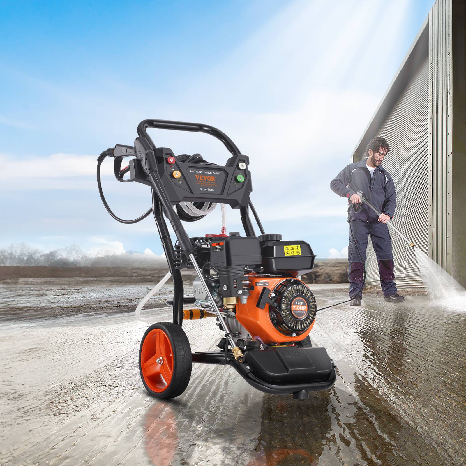 VEVOR Nettoyeur haute pression essence 3950 PSI, 10 L/min, pompe cuivre, 5 buses, pour surfaces variées. - Image 8