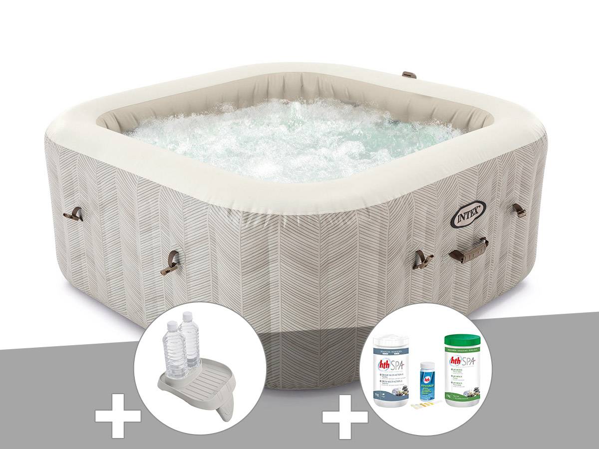 Kit spa gonflable Intex PureSpa Chevron carré Bulles 6 places + Porte-verre + Kit de traitement brome