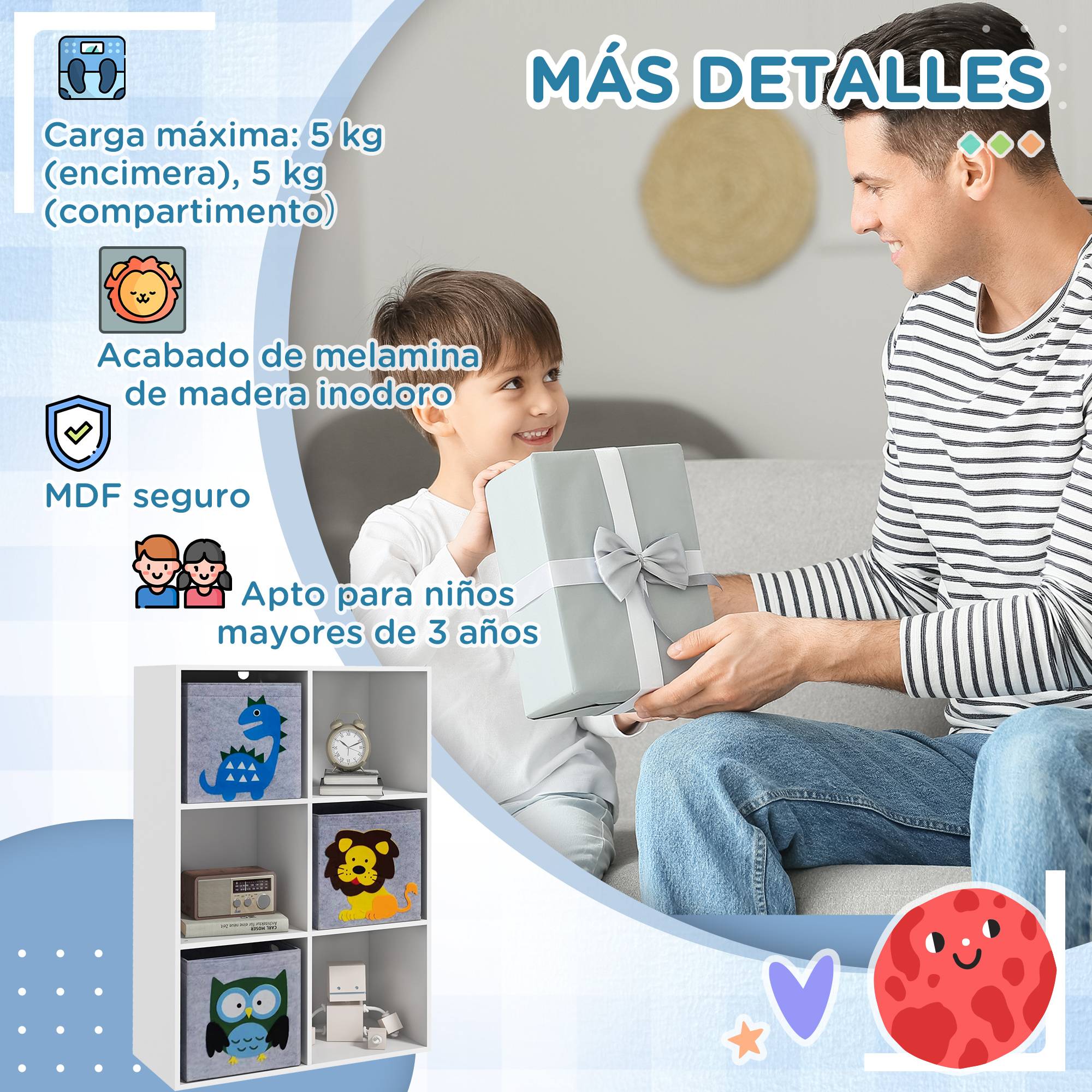 Bibliothèque pour enfants dès 3 ans, 6 compartiments et 3 tiroirs, revêtement en tissu non tissé, 61,8 x 29,9 x 91,5 cm, blanc et gris - Image 9