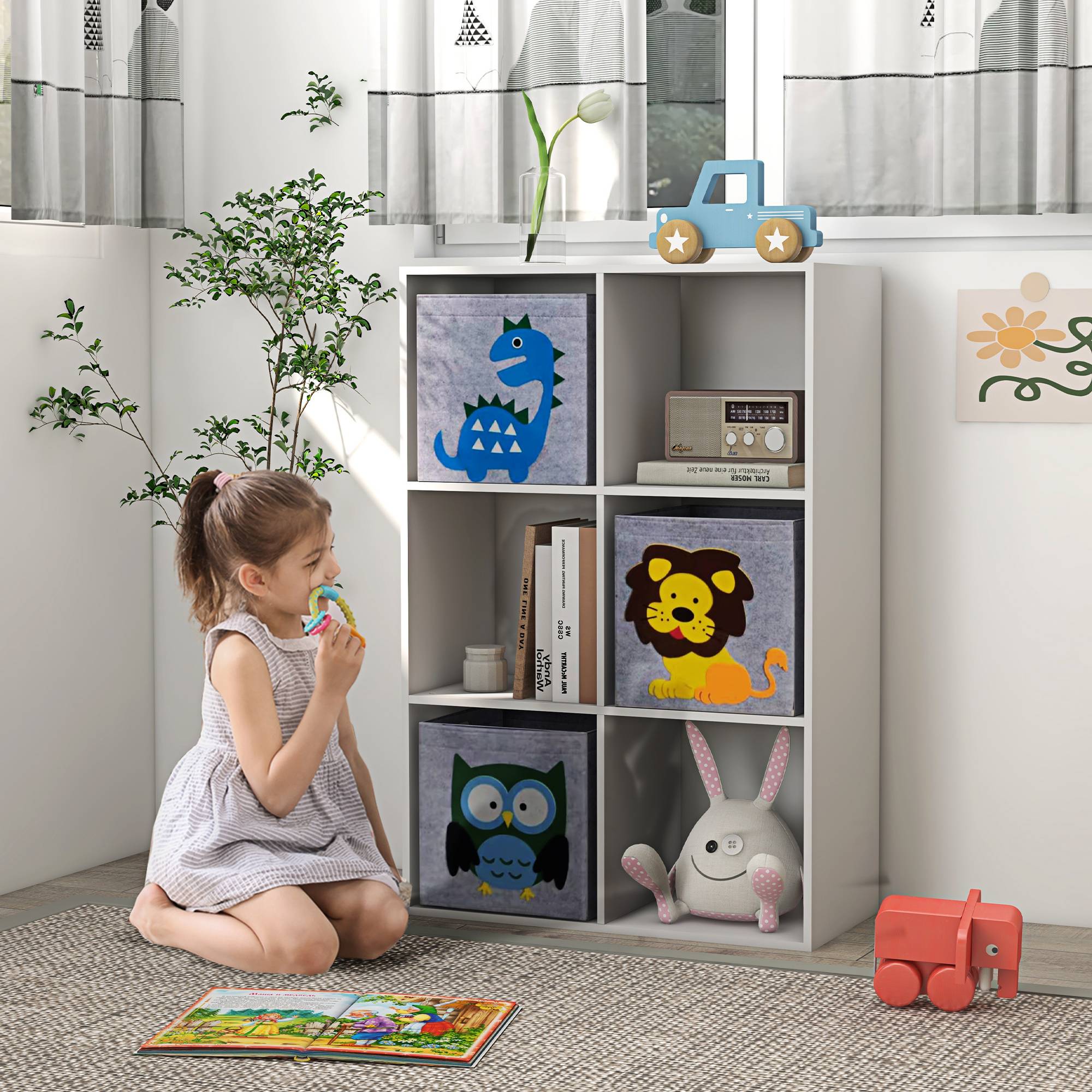 Bibliothèque pour enfants dès 3 ans, 6 compartiments et 3 tiroirs, revêtement en tissu non tissé, 61,8 x 29,9 x 91,5 cm, blanc et gris - Image 4