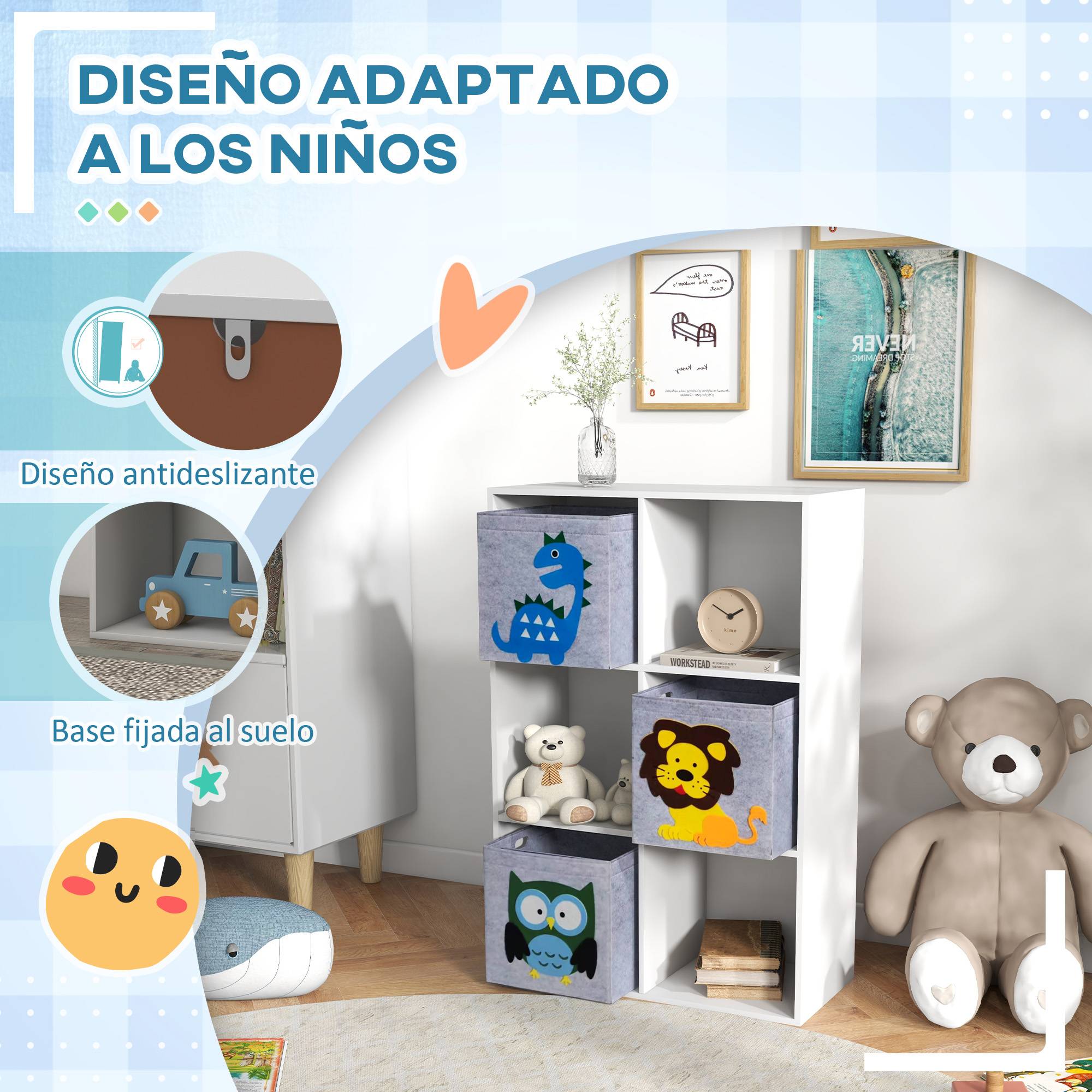 Bibliothèque pour enfants dès 3 ans, 6 compartiments et 3 tiroirs, revêtement en tissu non tissé, 61,8 x 29,9 x 91,5 cm, blanc et gris - Image 6