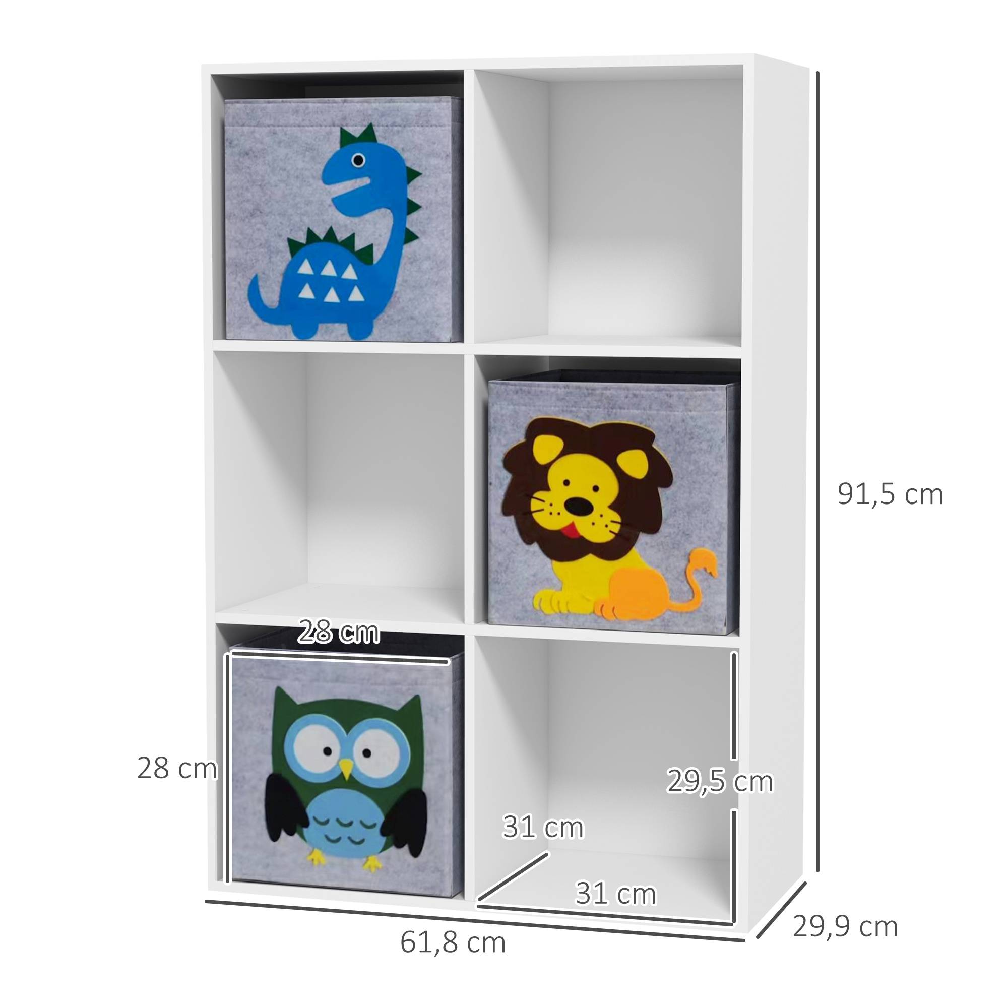 Bibliothèque pour enfants dès 3 ans, 6 compartiments et 3 tiroirs, revêtement en tissu non tissé, 61,8 x 29,9 x 91,5 cm, blanc et gris - Image 5
