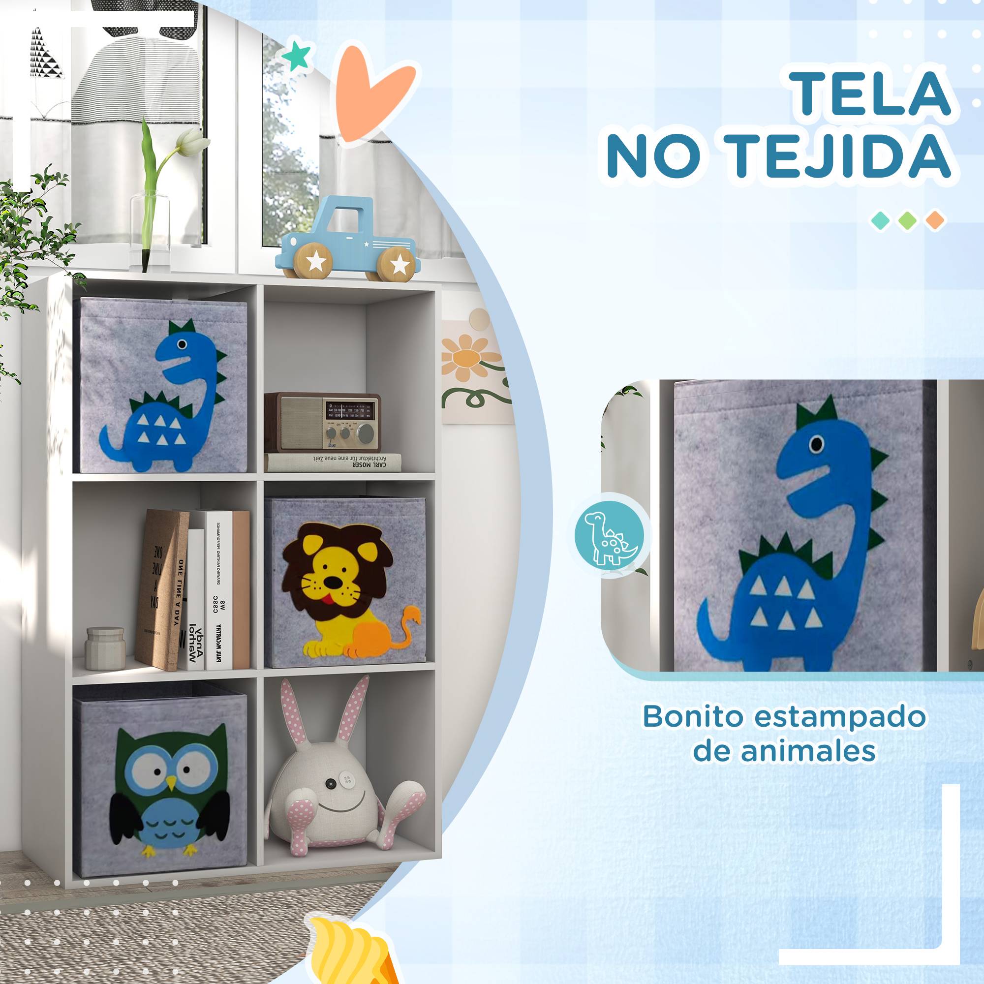 Bibliothèque pour enfants dès 3 ans, 6 compartiments et 3 tiroirs, revêtement en tissu non tissé, 61,8 x 29,9 x 91,5 cm, blanc et gris - Image 7