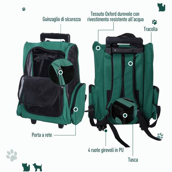 Sac à dos de transport 2 en 1 pour chiens et chats avec poches latérales, poignée télescopique et roulettes, 42 x 25 x 55 cm, vert - Image 8