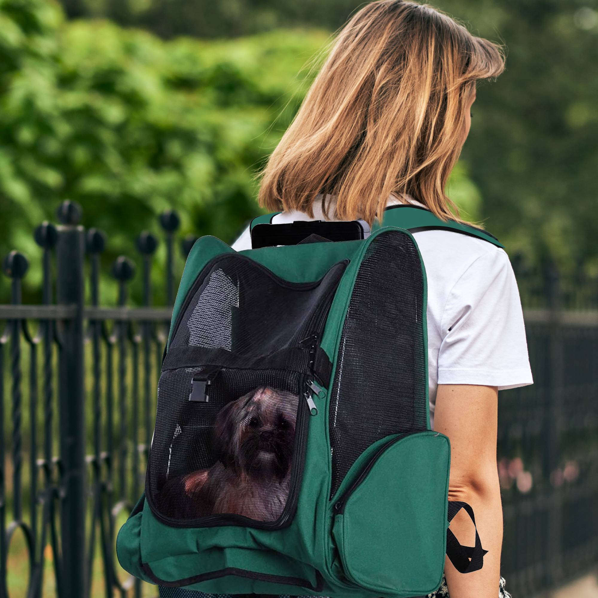 Sac à dos de transport 2 en 1 pour chiens et chats avec poches latérales, poignée télescopique et roulettes, 42 x 25 x 55 cm, vert - Image 4
