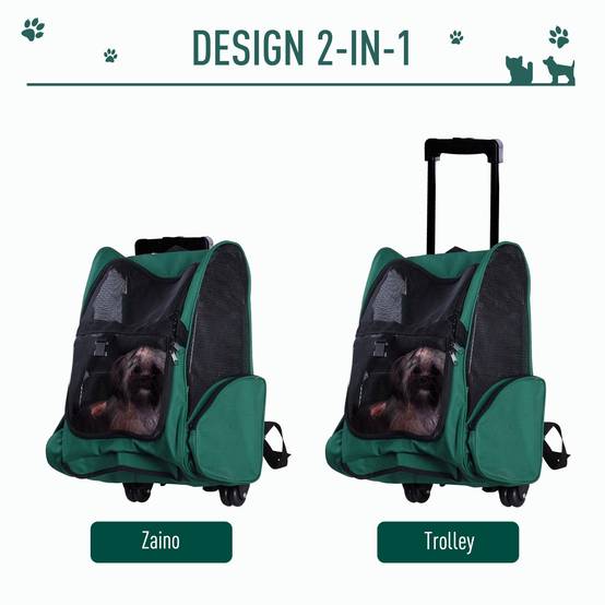 Sac à dos de transport 2 en 1 pour chiens et chats avec poches latérales, poignée télescopique et roulettes, 42 x 25 x 55 cm, vert - Image 6