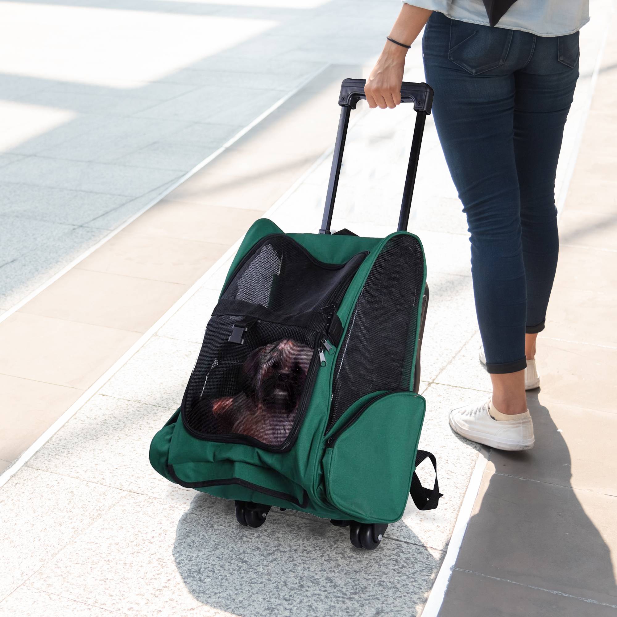 Sac à dos de transport 2 en 1 pour chiens et chats avec poches latérales, poignée télescopique et roulettes, 42 x 25 x 55 cm, vert - Image 3