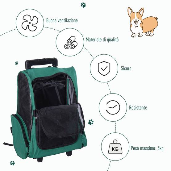Sac à dos de transport 2 en 1 pour chiens et chats avec poches latérales, poignée télescopique et roulettes, 42 x 25 x 55 cm, vert - Image 9