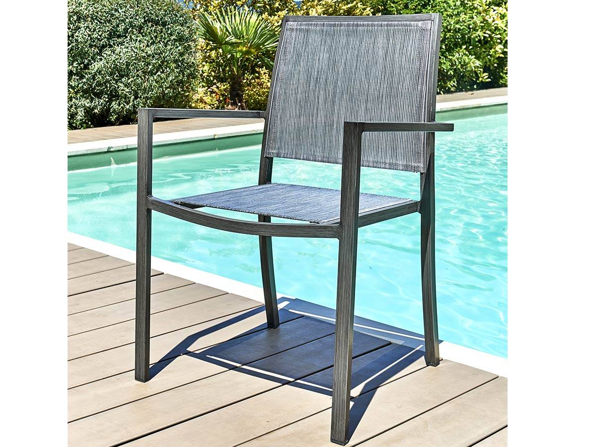 Lot de 2 Fauteuils de jardin en aluminium et textilène empilable aspect teck gris SANTORIN - Jardiline - Imagen 4