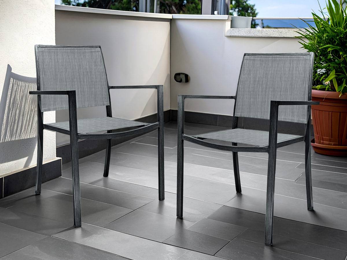 Lot de 2 Fauteuils de jardin en aluminium et textilène empilable aspect teck gris SANTORIN - Jardiline - Imagen 2