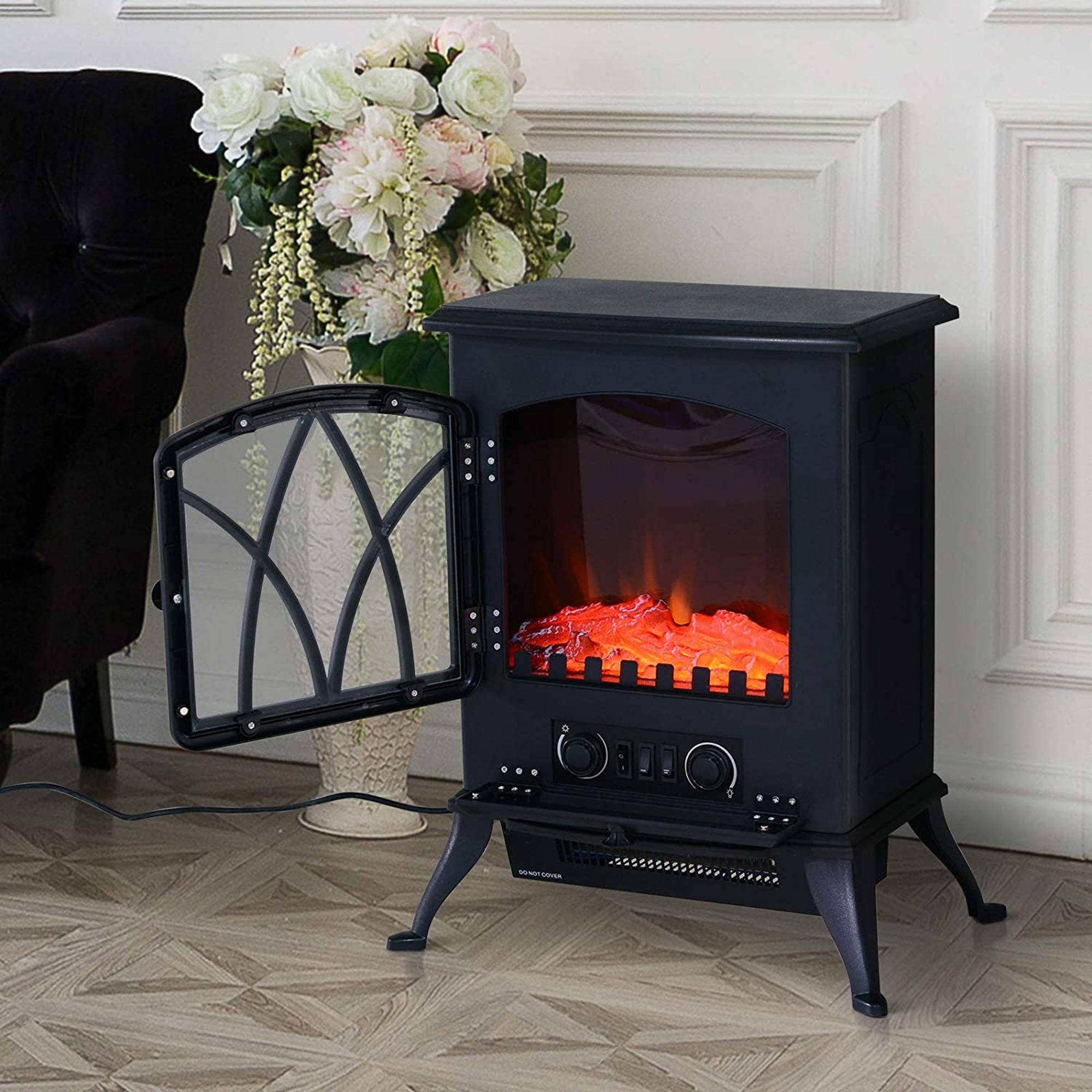 Cheminée électrique mobile 1000W/2000W poêle sur pied silencieux avec effet de flammes, couverture 30 m² noir - Image 3