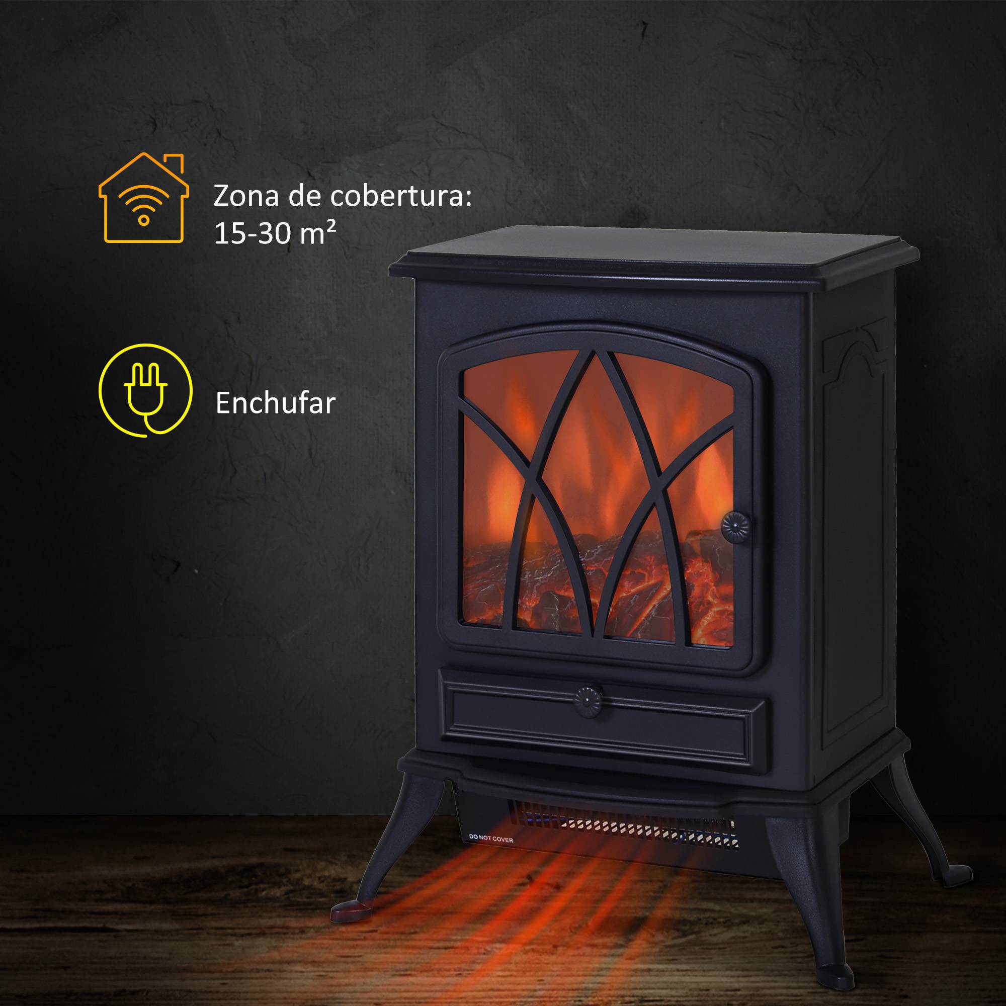 Cheminée électrique mobile 1000W/2000W poêle sur pied silencieux avec effet de flammes, couverture 30 m² noir - Image 6