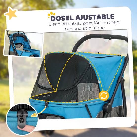 Poussette pliable pour chien à 3 roues, fenêtres en filet, coussin lavable, tout terrain, capacité de charge 20 kg, 92 x 63 x 95 cm, bleue - Image 8