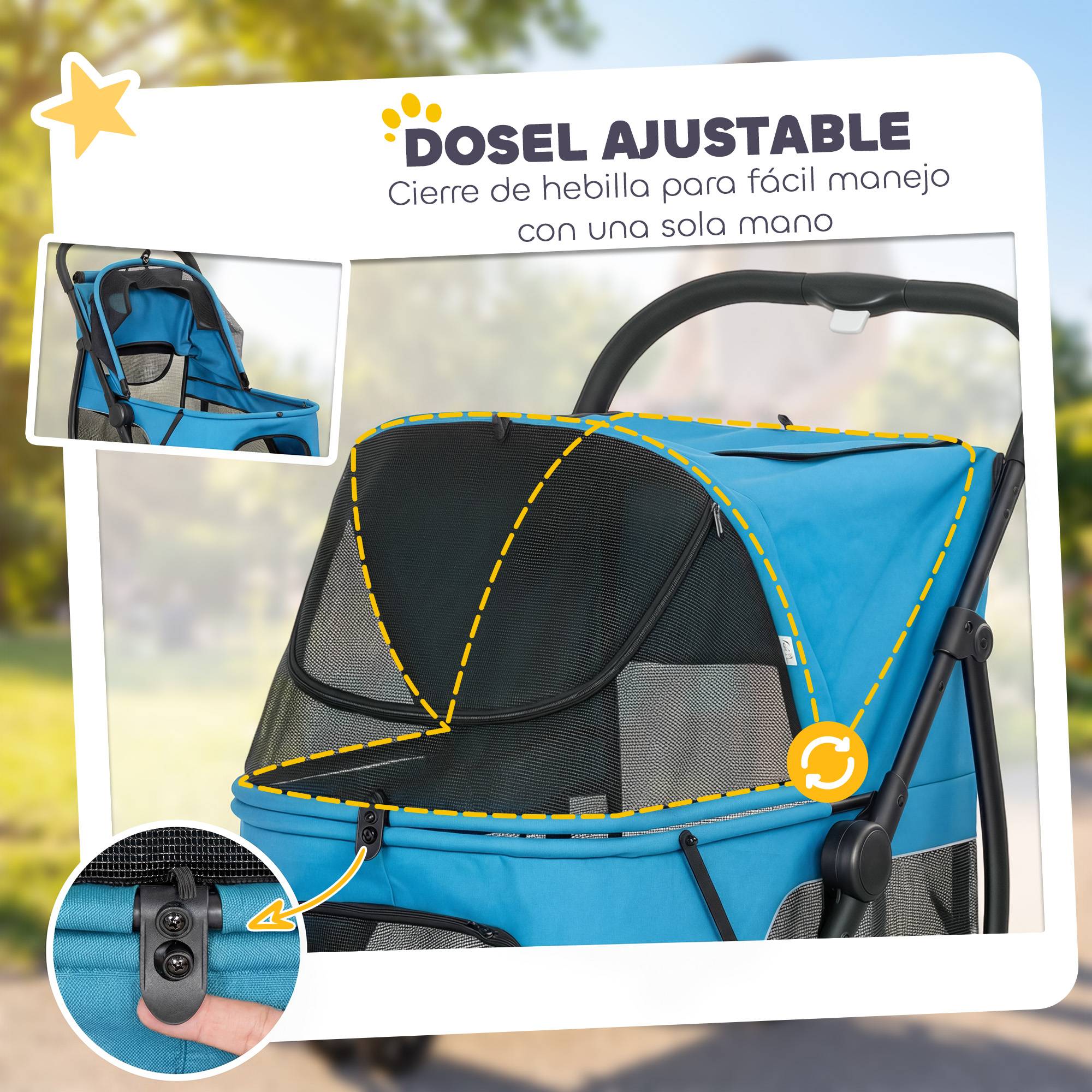 Poussette pliable pour chien à 3 roues, fenêtres en filet, coussin lavable, tout terrain, capacité de charge 20 kg, 92 x 63 x 95 cm, bleue - Image 8