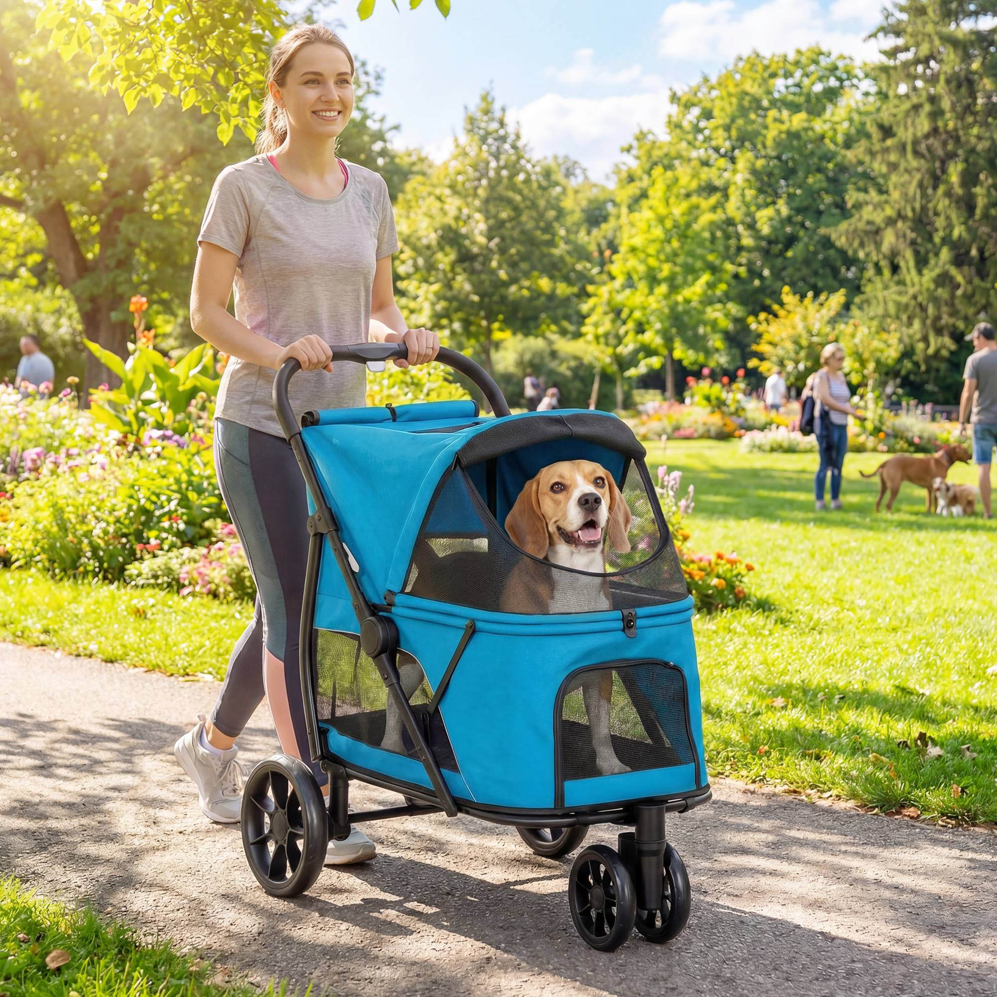 Poussette pliable pour chien à 3 roues, fenêtres en filet, coussin lavable, tout terrain, capacité de charge 20 kg, 92 x 63 x 95 cm, bleue - Image 4