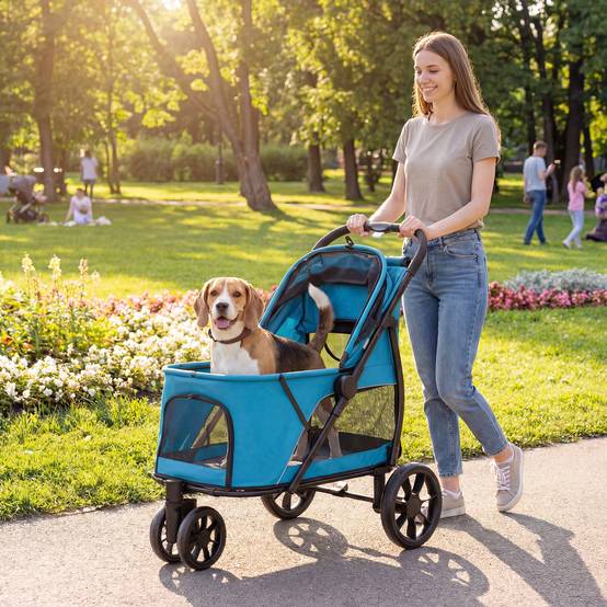 Poussette pliable pour chien à 3 roues, fenêtres en filet, coussin lavable, tout terrain, capacité de charge 20 kg, 92 x 63 x 95 cm, bleue - Image 3