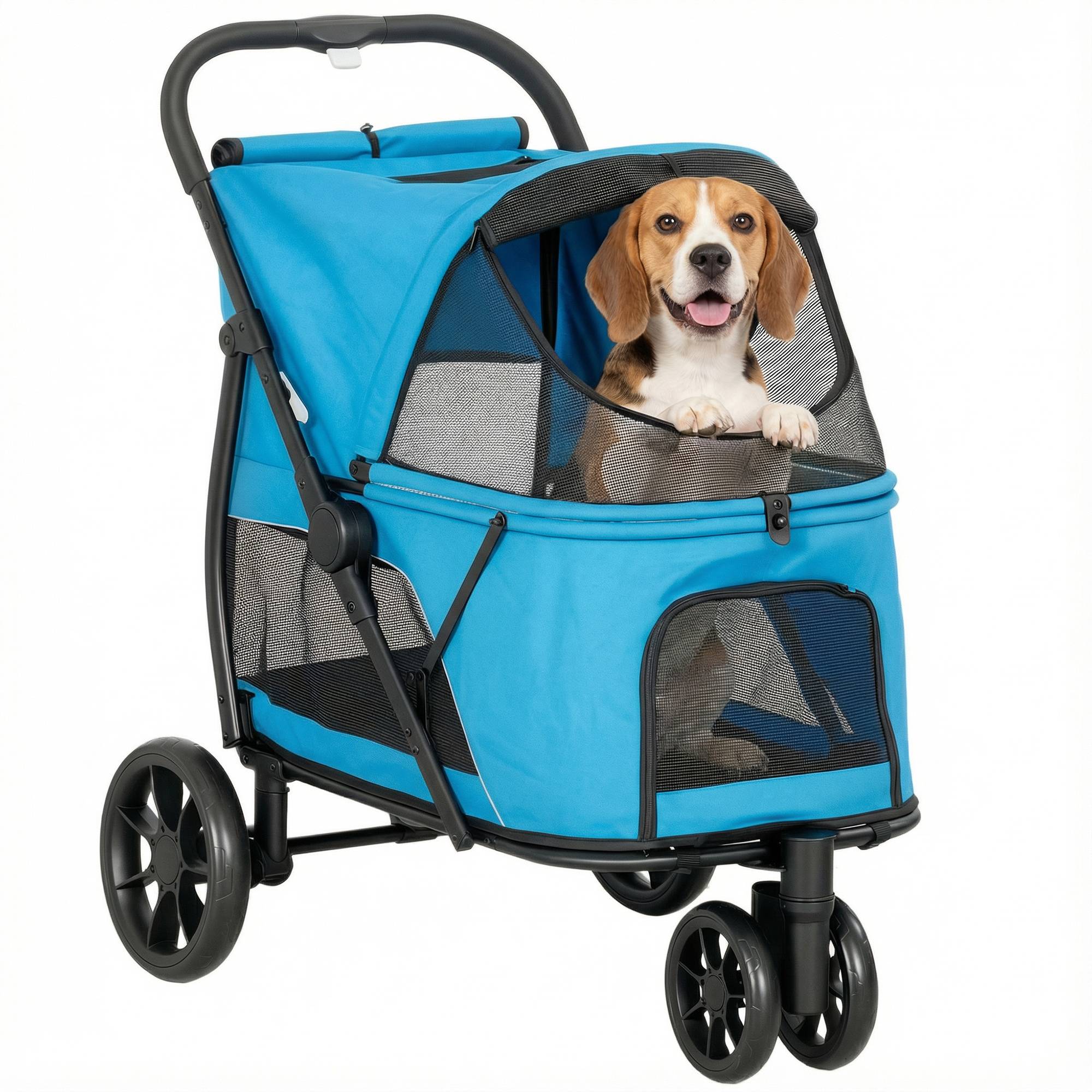 Poussette pliable pour chien à 3 roues, fenêtres en filet, coussin lavable, tout terrain, capacité de charge 20 kg, 92 x 63 x 95 cm, bleue - Image 1