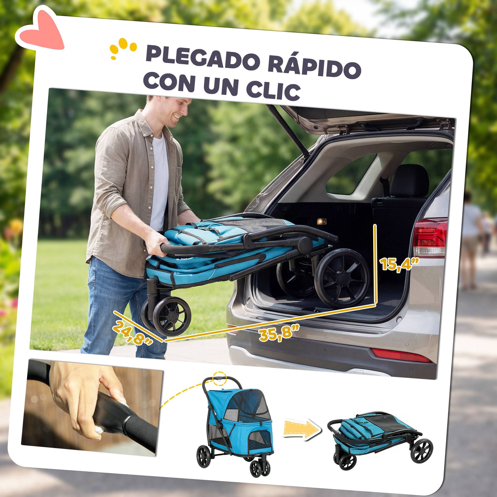 Poussette pliable pour chien à 3 roues, fenêtres en filet, coussin lavable, tout terrain, capacité de charge 20 kg, 92 x 63 x 95 cm, bleue - Image 6