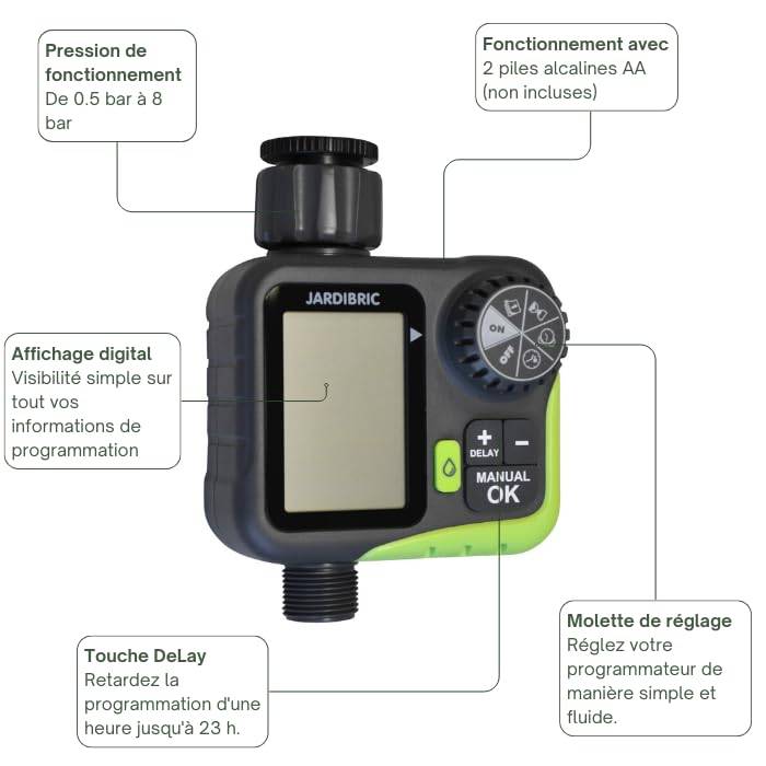 Jardibric - Jardibric - Programmateur Arrosage Digital avec Débitmètre - Minuteur Arrosage Automatique 1320 L/h Suivi Consommation Eau - Image 4