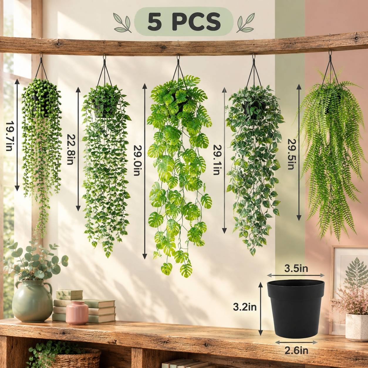 Lot de 5 Plantes Artificielles Suspendues Avec Pot Sans Entretien Réaliste Pour Intérieur - Image 2