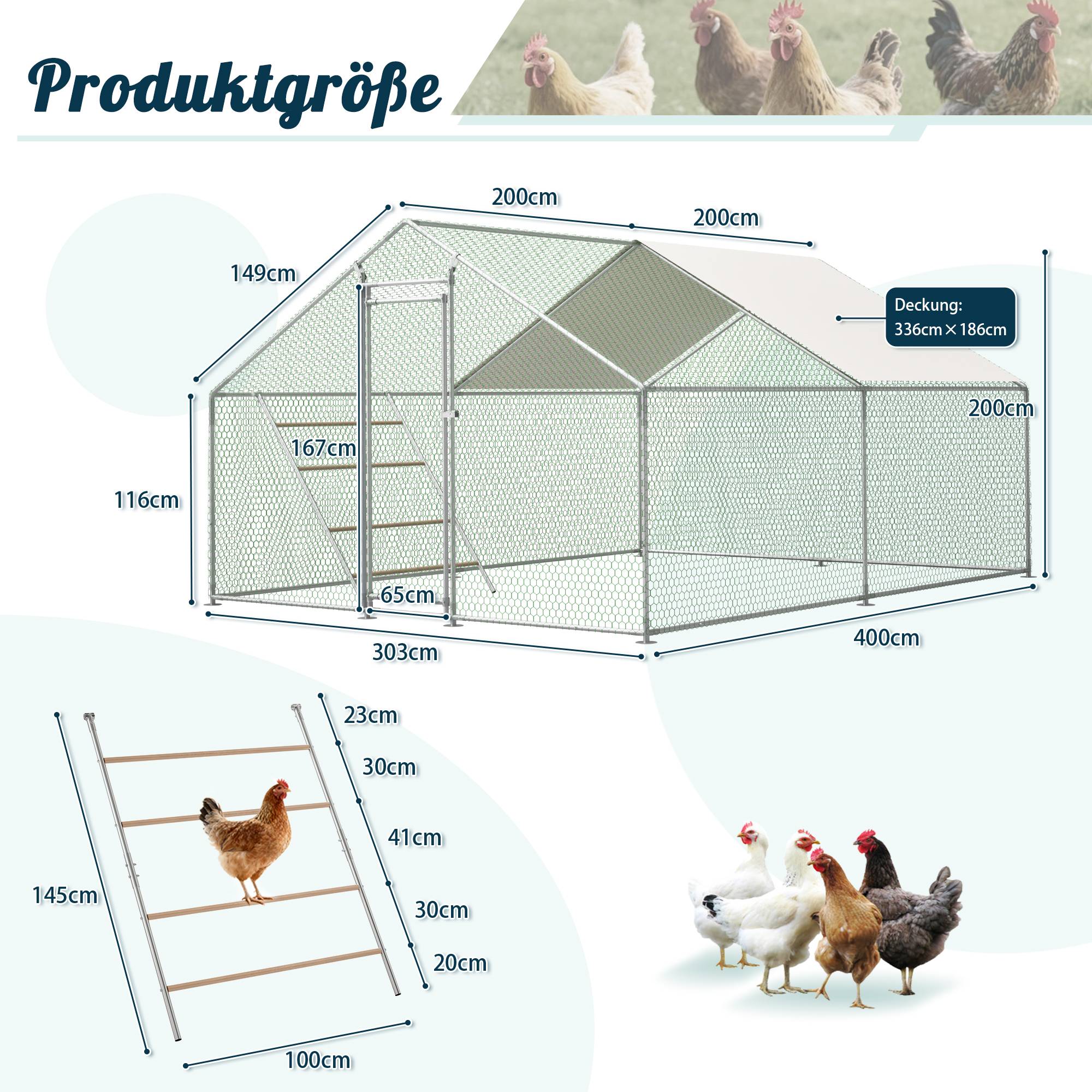 Enclos poules acier galvanisé extérieur avec échelle bâche 12m² 3x4m gris - ComfortXL Outdoor Living - Image 2