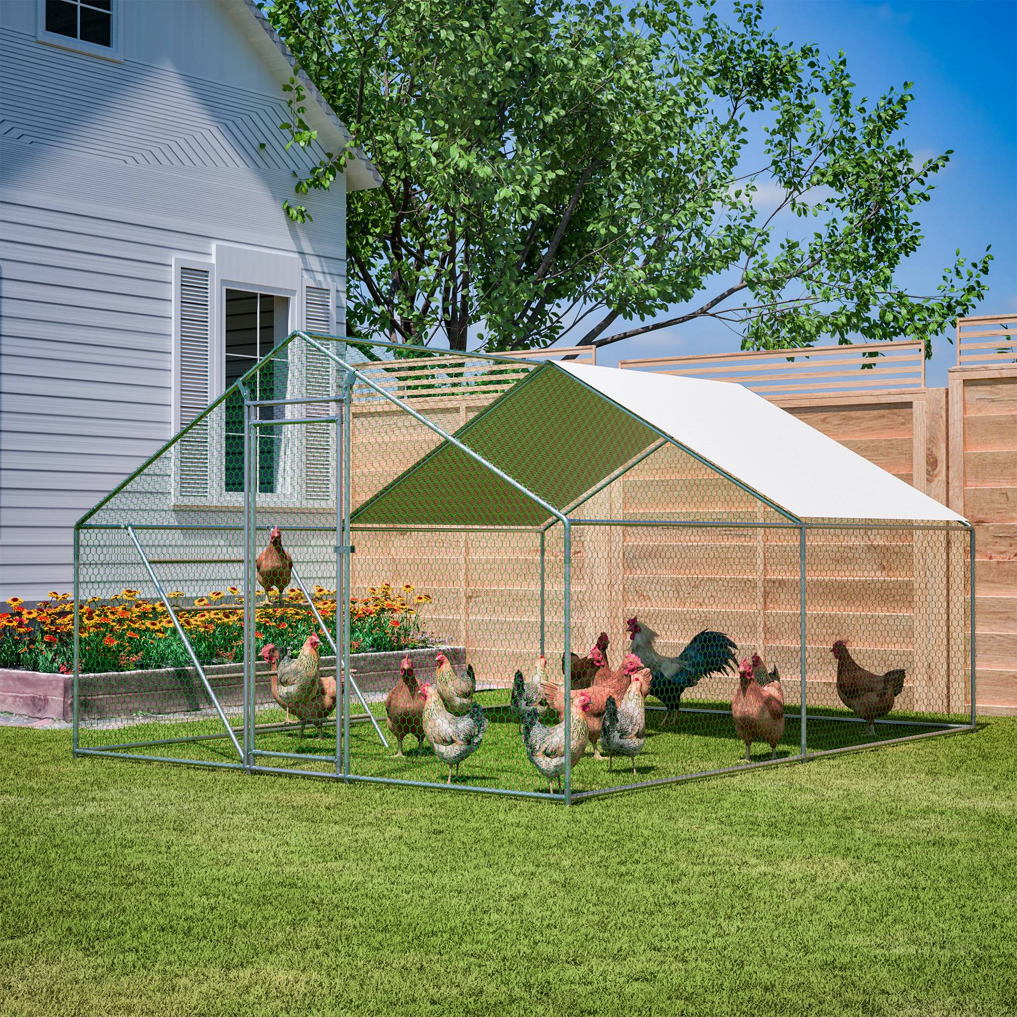 Enclos poules acier galvanisé extérieur avec échelle bâche 12m² 3x4m gris - ComfortXL Outdoor Living