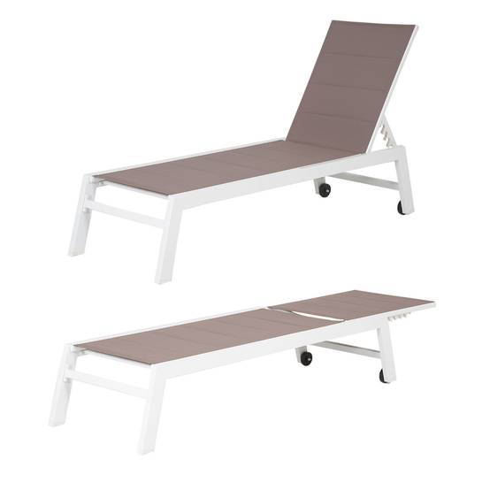 Set bain de soleil et table d'appoint BARBADOS en textilène taupe - aluminium blanc - HAPPY GARDEN - Image 2