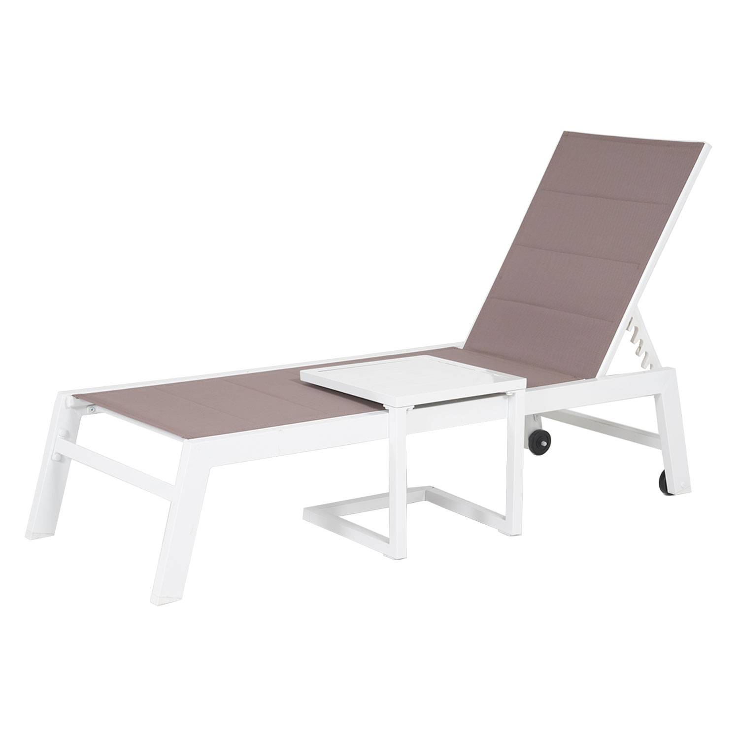 Set bain de soleil et table d'appoint BARBADOS en textilène taupe - aluminium blanc - HAPPY GARDEN - Image 4