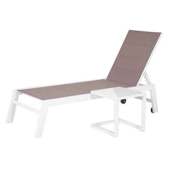 Set bain de soleil et table d'appoint BARBADOS en textilène taupe - aluminium blanc - HAPPY GARDEN - Image 1