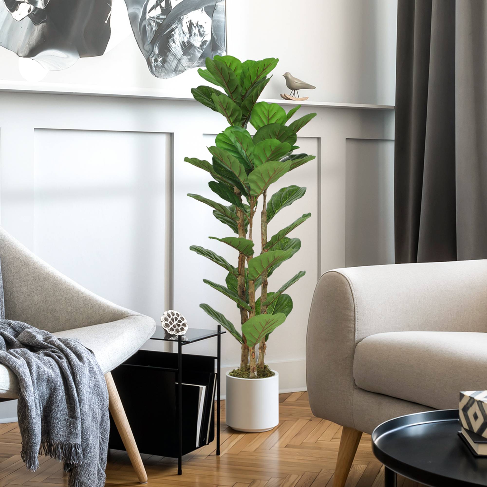 Sans Marque - Plante artificielle intérieure 120 cm Figuier lyre arbre artificiel avec pot en plastique et tronc en bois massif, vert - Image 4