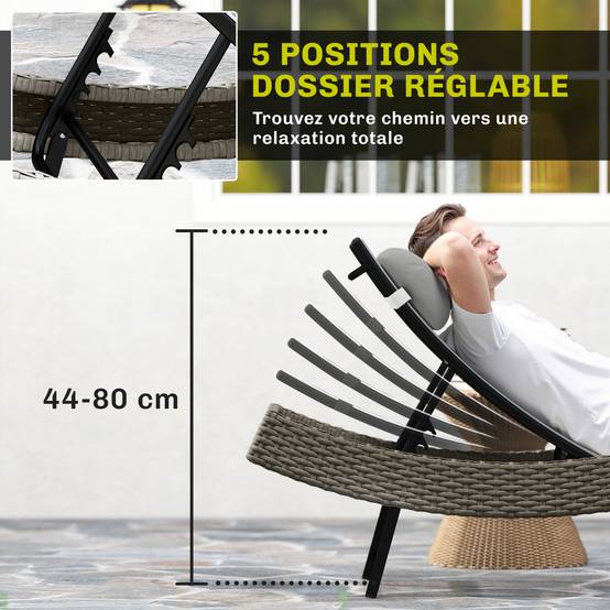 Bain de soleil résine tressée et acier gris 198 x 61 x 44 cm - PANGIVO - Image 7