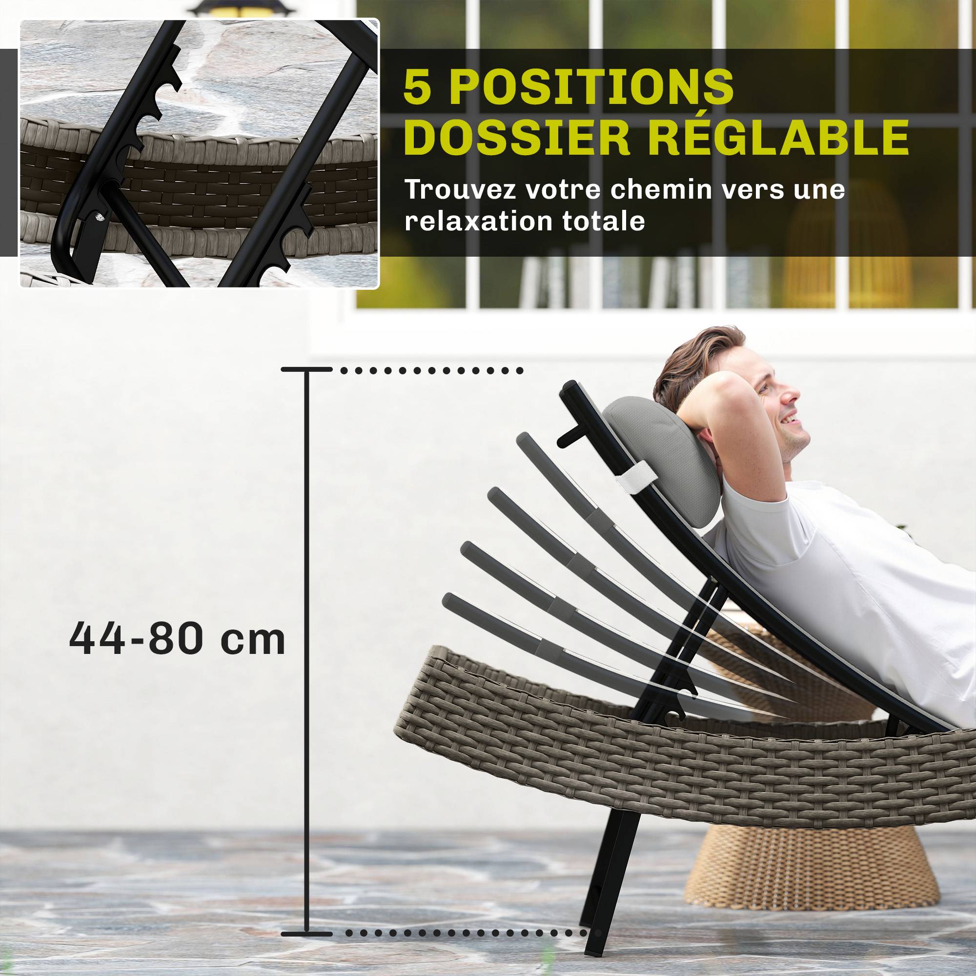 Bain de soleil résine tressée et acier gris 198 x 61 x 44 cm - PANGIVO - Image 7