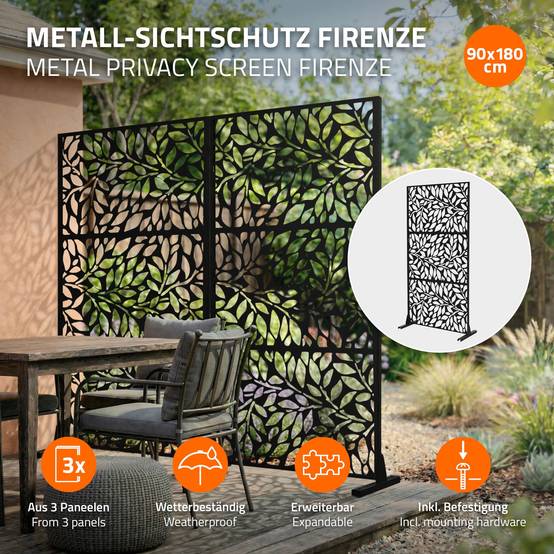 Ml-Design - Brise-vue métallique firenze 90x180 cm en acier modèle autoportant à 3 panneaux extensible avec supports paravent décoratif résistant aux intempéries - Image 2