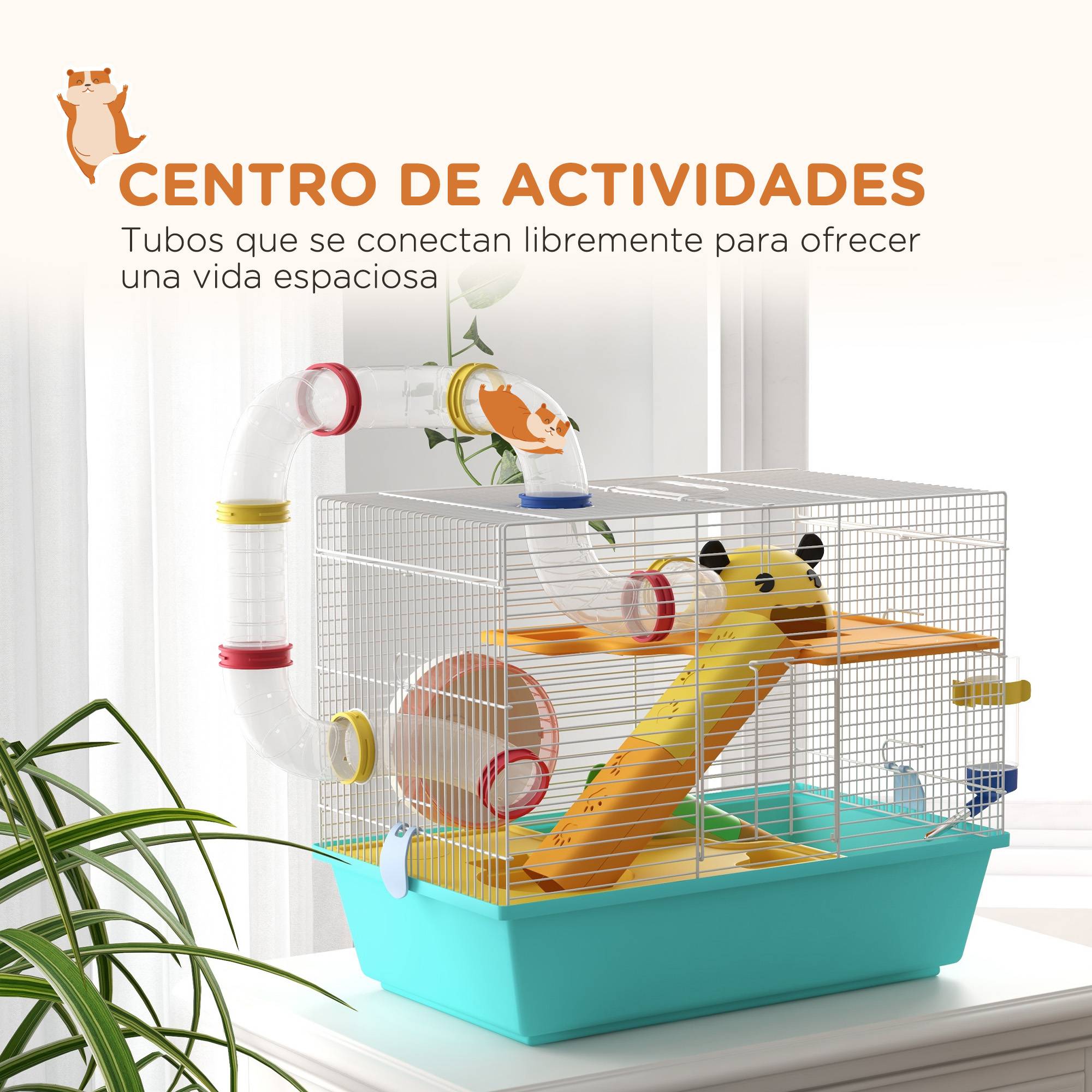 Cage pour hamster avec tunnel, plateformes, gamelle, biberon, maisonnette, rampes et roue d'exercice, 45 x 28 x 37 cm, bleu clair - Image 6