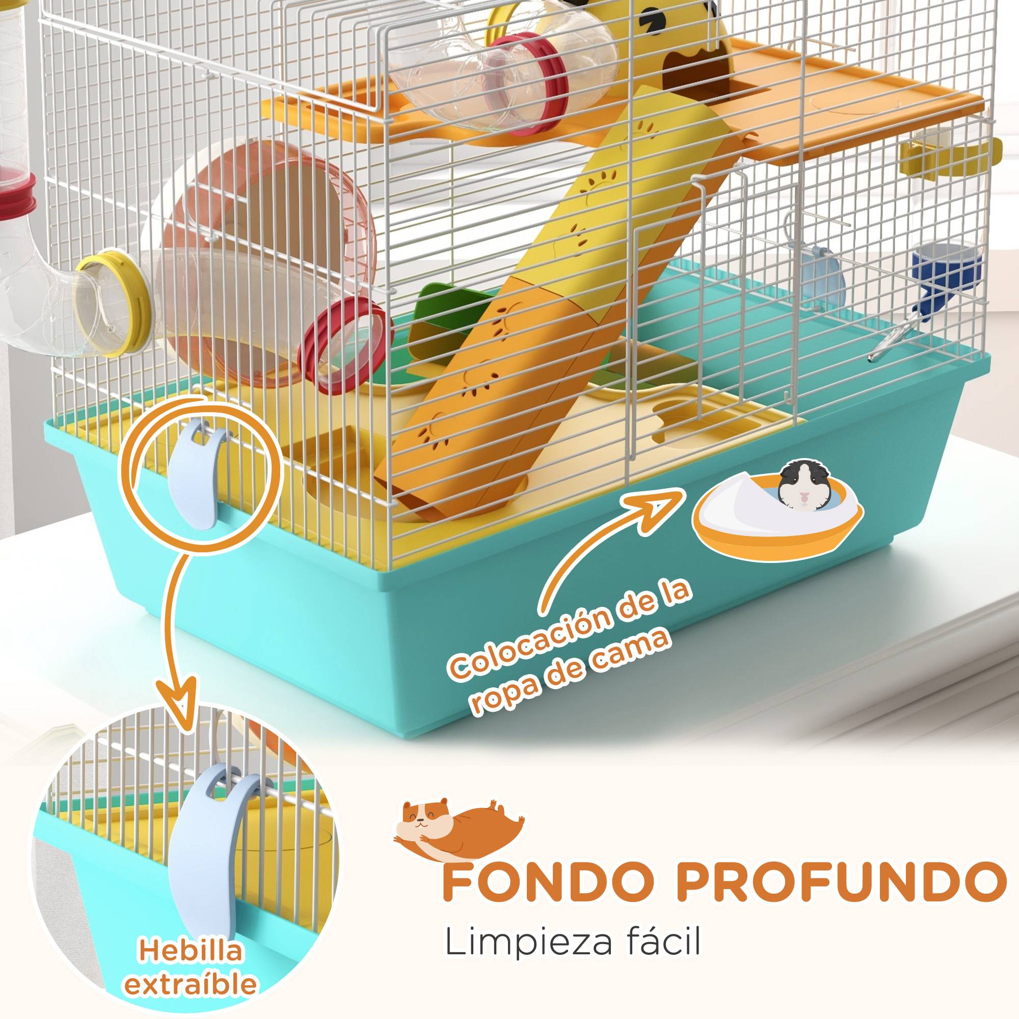 Cage pour hamster avec tunnel, plateformes, gamelle, biberon, maisonnette, rampes et roue d'exercice, 45 x 28 x 37 cm, bleu clair - Image 8