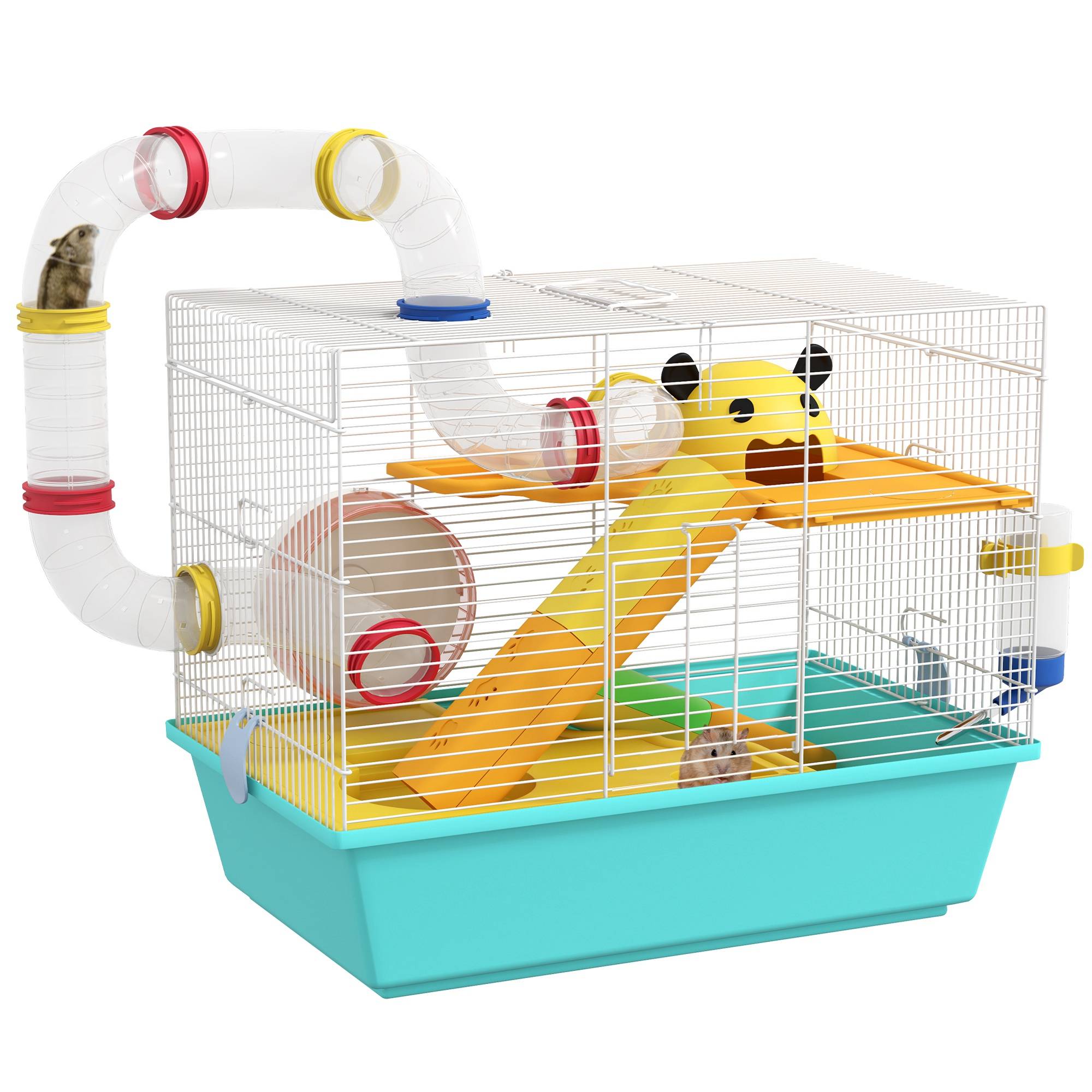 Cage pour hamster avec tunnel, plateformes, gamelle, biberon, maisonnette, rampes et roue d'exercice, 45 x 28 x 37 cm, bleu clair
