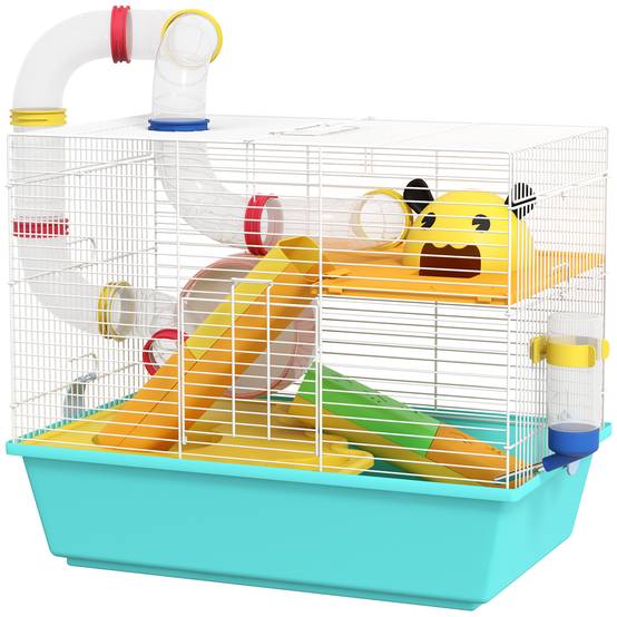 Cage pour hamster avec tunnel, plateformes, gamelle, biberon, maisonnette, rampes et roue d'exercice, 45 x 28 x 37 cm, bleu clair - Image 2