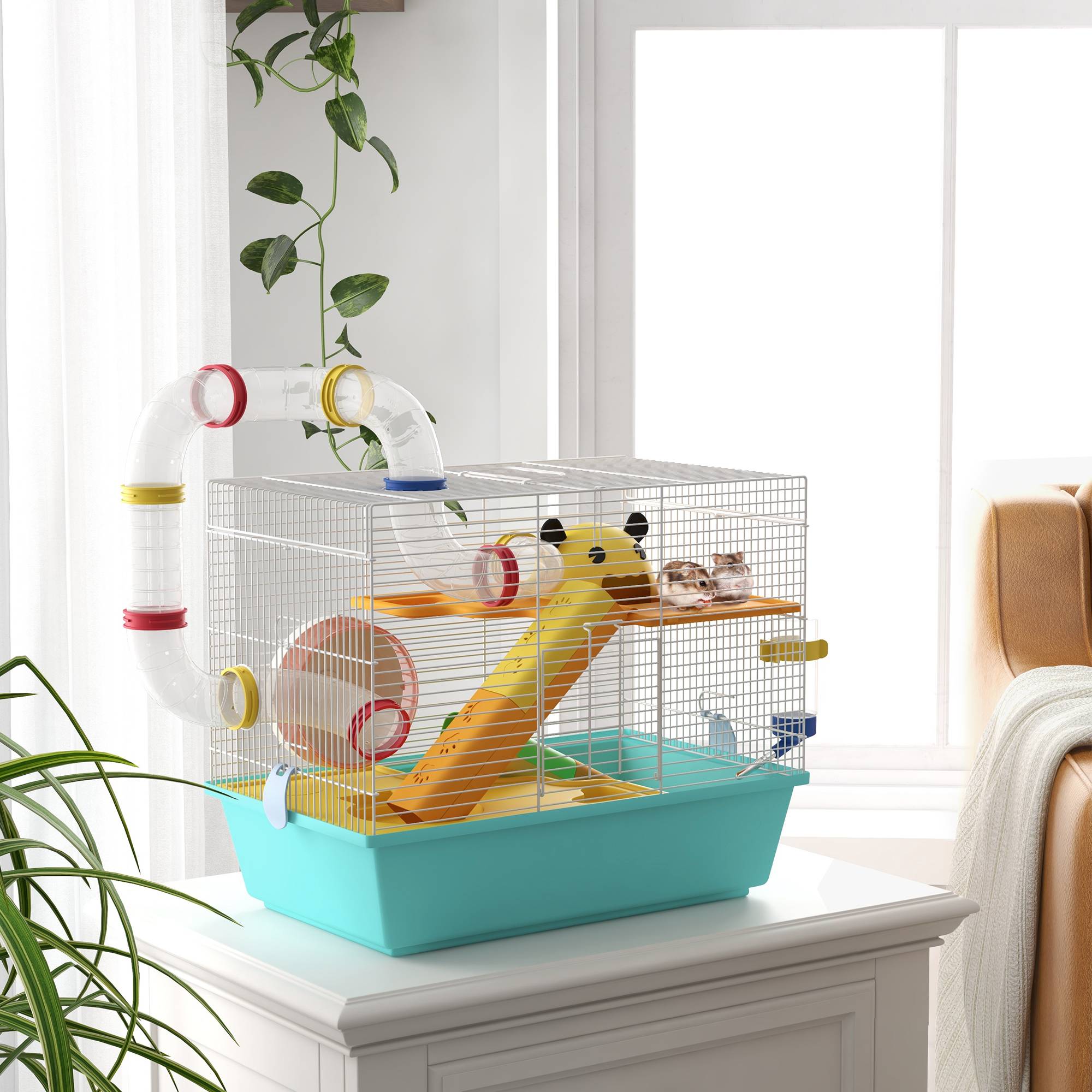 Cage pour hamster avec tunnel, plateformes, gamelle, biberon, maisonnette, rampes et roue d'exercice, 45 x 28 x 37 cm, bleu clair - Image 3
