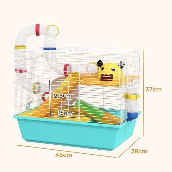 Cage pour hamster avec tunnel, plateformes, gamelle, biberon, maisonnette, rampes et roue d'exercice, 45 x 28 x 37 cm, bleu clair - Image 5
