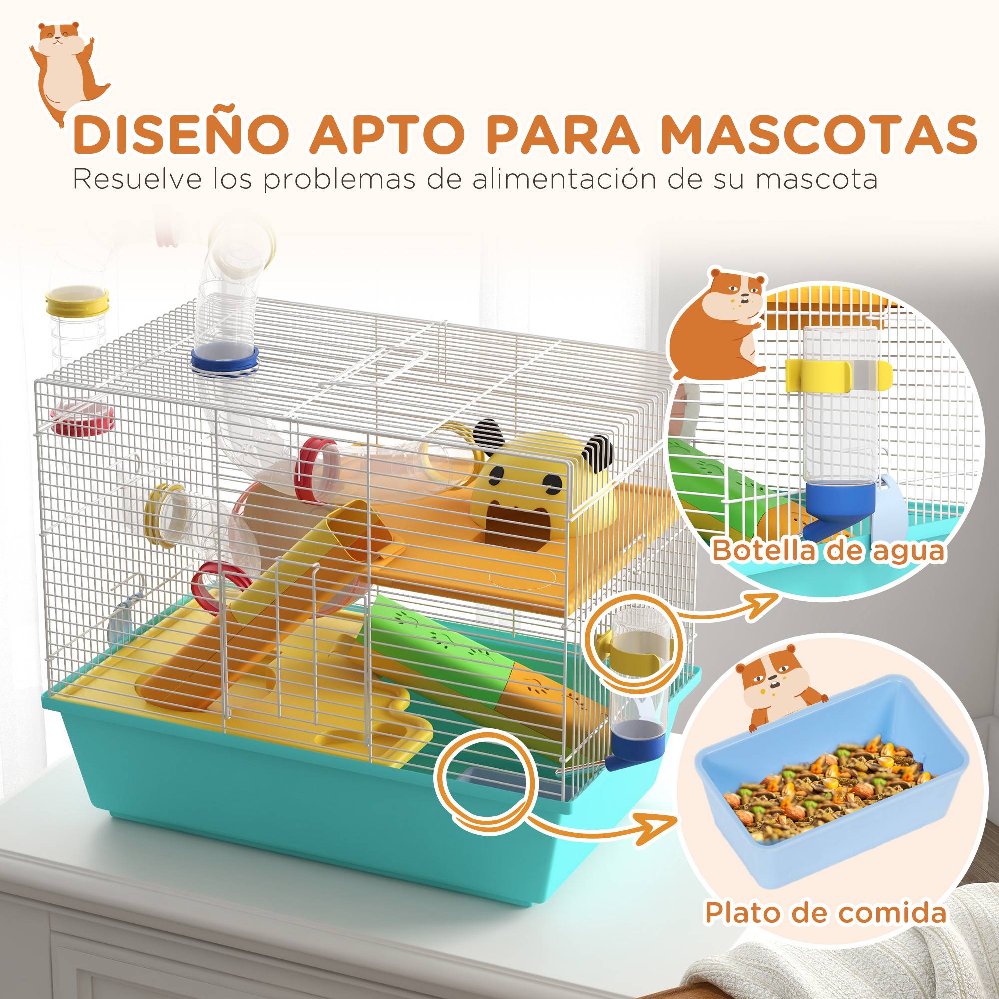 Cage pour hamster avec tunnel, plateformes, gamelle, biberon, maisonnette, rampes et roue d'exercice, 45 x 28 x 37 cm, bleu clair - Image 9
