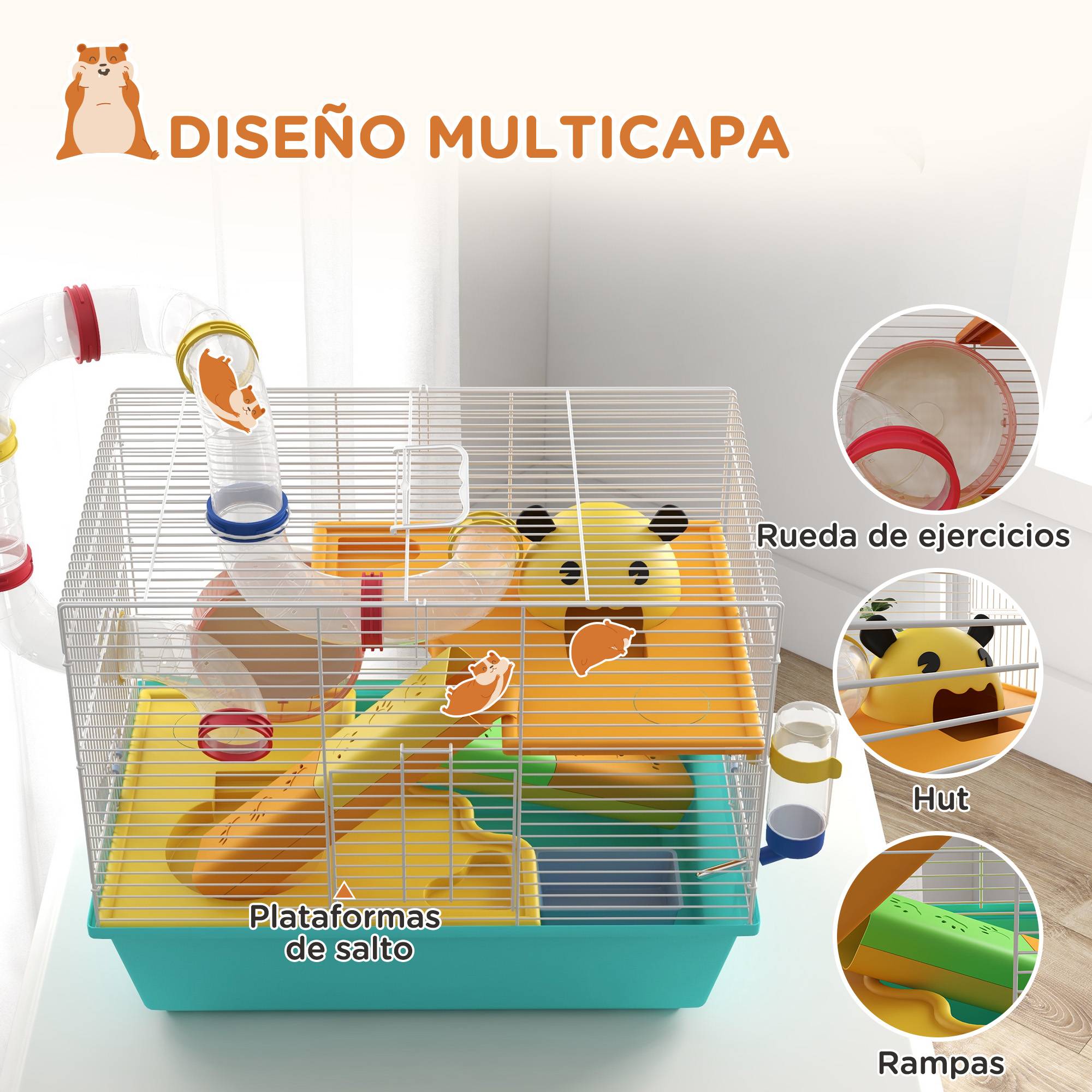 Cage pour hamster avec tunnel, plateformes, gamelle, biberon, maisonnette, rampes et roue d'exercice, 45 x 28 x 37 cm, bleu clair - Image 7